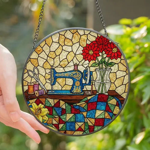 Sewing Enthusiasts' Tiffany Stained Glass Blue Sewing Machine Quilt & Dahlia Pattern Stained Glass Suncatcher