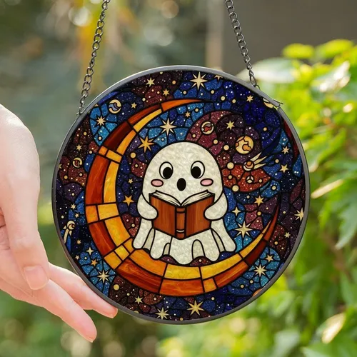 Whimsical Readers' Tiffany Glass Reading Ghost Amber Orange Cosmic Night Sky Stained Glass Suncatcher