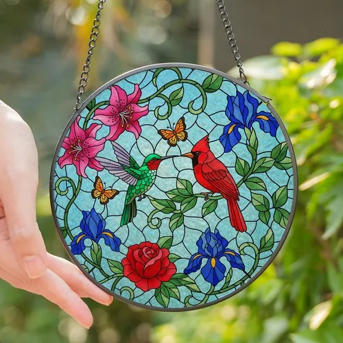 Nature Lovers' 8K Vibrant Stained Glass Hummingbird Cardinal Floral Mosaic Pattern Stained Glass Suncatcher