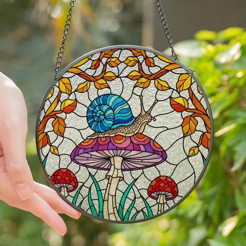 Nature Lovers' Whimsical Tiffany Glass Snail Mushroom Woodland Mosaic Jewel Tones Stained Glass Suncatcher