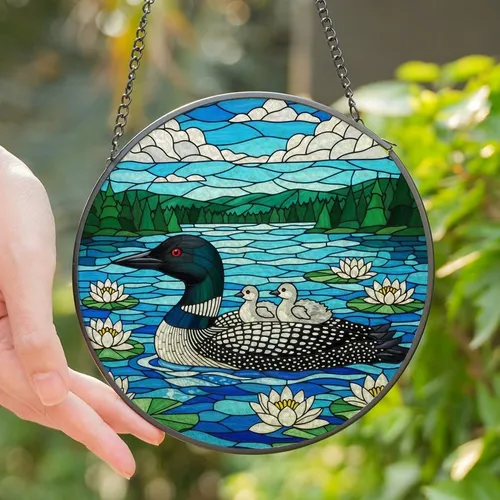 Nature Lovers' Jewel Tone Stained Glass Loon Family Lake & Water Lily Mosaic Stained Glass Suncatcher