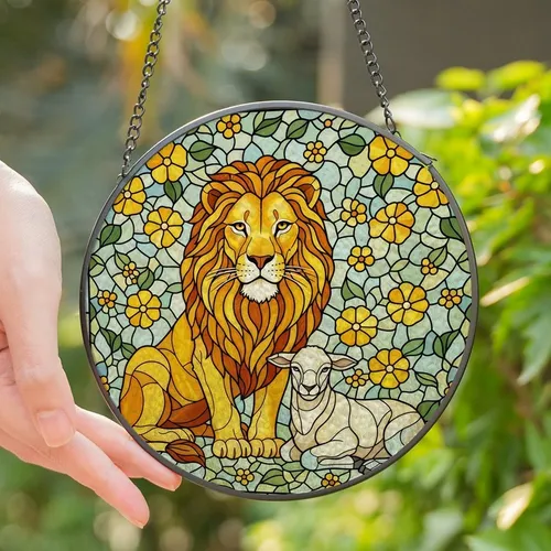 Art Lovers' Majestic Golden Lion Lamb Tiffany Stained Glass Jewel Tone Floral Mosaic Design Stained Glass Suncatcher