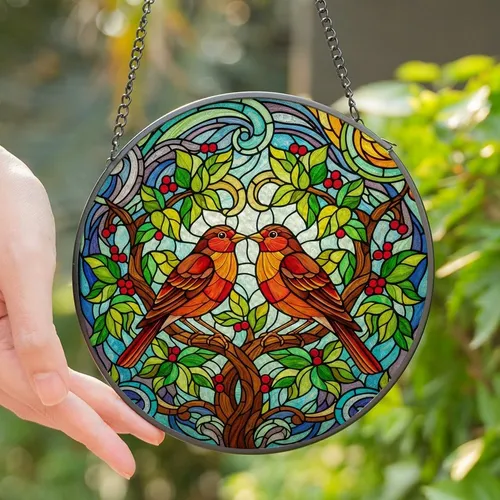 Nature Lovers' Intricate Stained Glass Robins Tree Branch Mosaic Fiery Orange Deep Red Forest Green Jewel Tones Stained Glass Suncatcher