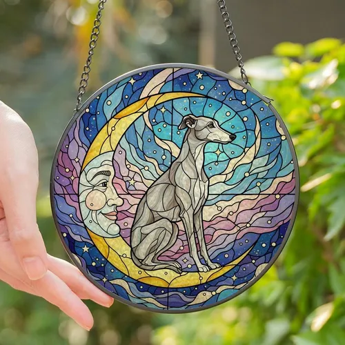 Greyhound Lovers' Tiffany Stained Glass Greyhound Moon Man in Moon Celestial Mosaic Jewel Tones Stained Glass Suncatcher