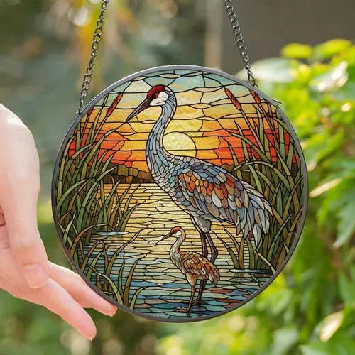 Wildlife Lovers' Tiffany Stained Glass Sandhill Crane Pair Iridescent Wetland Sunset Stained Glass Suncatcher
