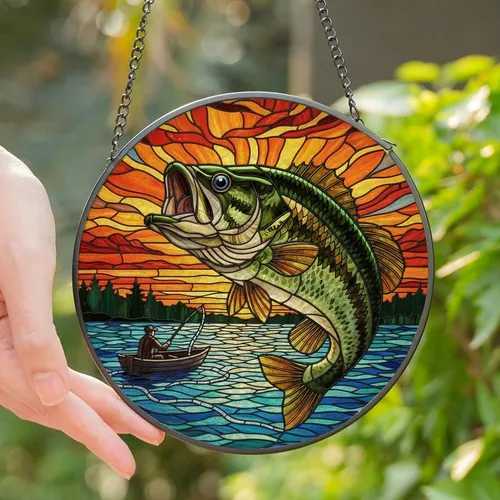 Anglers & Art Lovers Vivid Tiffany Stained Glass Leaping Bass Sunset Lake Mosaic Art Jewel Tones Stained Glass Suncatcher