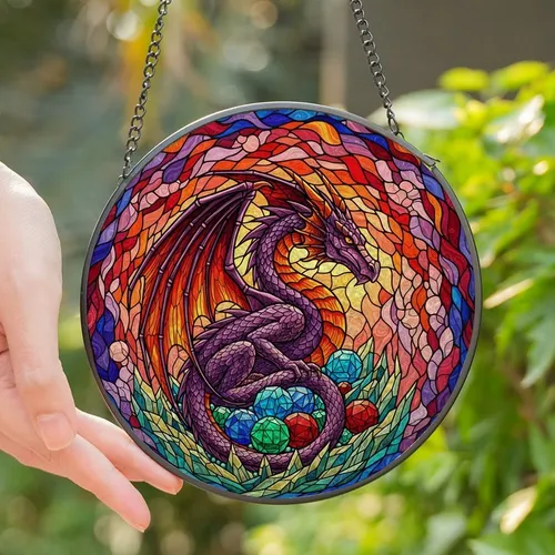 Fantasy Art Lovers' Tiffany Stained Glass Winged Dragon, Jewel Tone Purple Orange Blue Crystal Mosaic Stained Glass Suncatcher