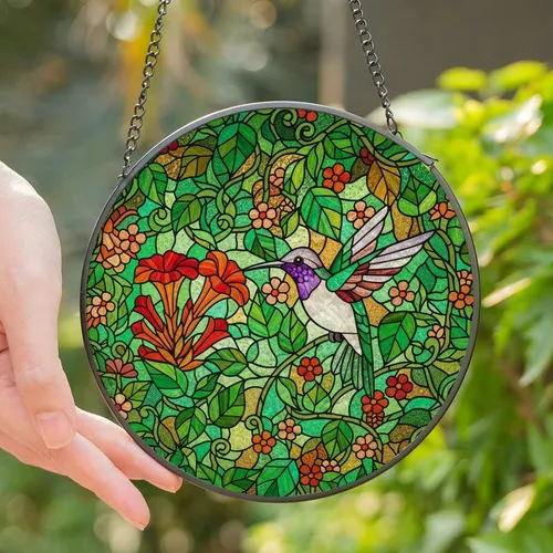 Nature Lovers' Vibrant Stained Glass Hummingbird Floral Mosaic Art with Jewel Tones Stained Glass Suncatcher