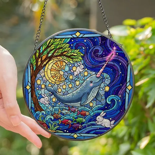 Fantasy Art Lovers' Vibrant Jewel Tone Intricate Stained Glass Narwhal Celestial Mosaic Stained Glass Suncatcher