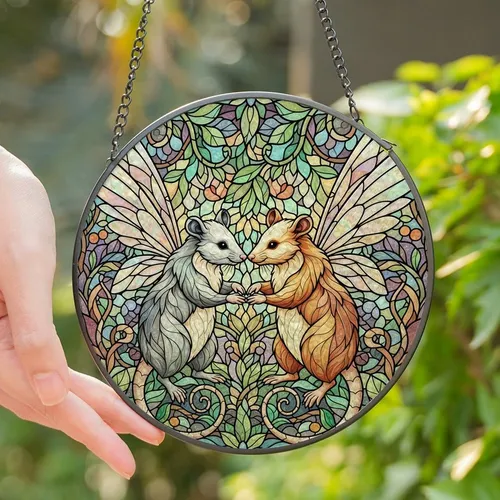 Fantasy Art Lovers' Intricate Tiffany Stained Glass Fairy Opossums Iridescent Amber-Grey Mosaic Stained Glass Suncatcher
