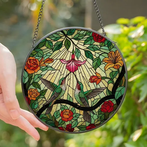Nature Lovers' Vibrant Tiffany Stained Glass Hummingbird Fuchsia Bloom Mosaic Stained Glass Suncatcher