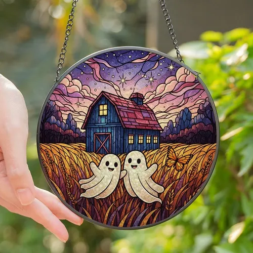 Whimsical Art Lovers' Tiffany Stained Glass Ghosts Barn Twilight Gold Purple Orange Mosaic Stained Glass Suncatcher