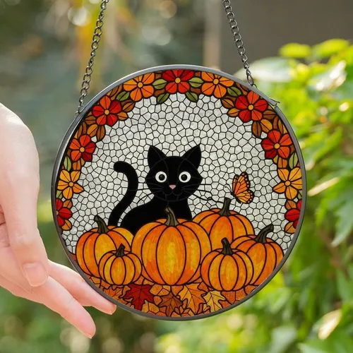 Autumn Cat Lovers' Whimsical Tiffany-Style Black Cat, Orange Pumpkins, Red Autumn Mosaic Stained Glass Suncatcher