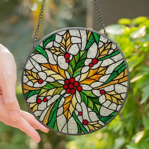 Stained Glass Art Lovers' Glowing Tiffany Holly Berry Mosaic Winter Sky Design with Emerald Red Amber Jewel Tones Stained Glass Suncatcher