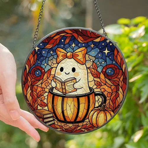 Whimsical Autumn Lovers' Stained Glass Ghost Reading Jack-o'-Lantern Sapphire Orange Leaf Mosaic Stained Glass Suncatcher
