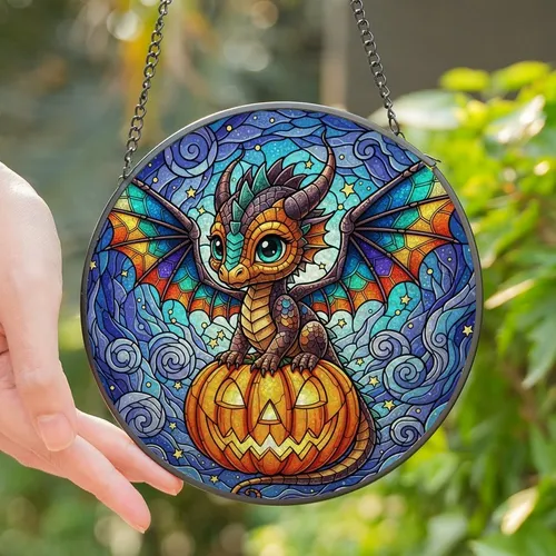 Fantasy & Halloween Lovers' Stained Glass Chibi Dragon, Jack-O'-Lantern, Mystical Jewel Tones Stained Glass Suncatcher