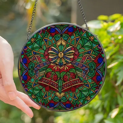 Holiday Enthusiasts' Ornate Tiffany Style Stained Glass Bells Emerald Ruby Gold Mosaic Pattern Stained Glass Suncatcher