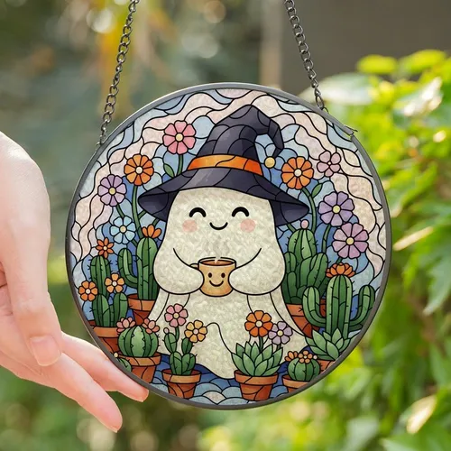 Cozy Whimsy Enthusiasts' Intricate Stained Glass Ghost with Witch Hat, Steaming Mug, Cactus, Flowers & Indigo Jewel Tones Stained Glass Suncatcher