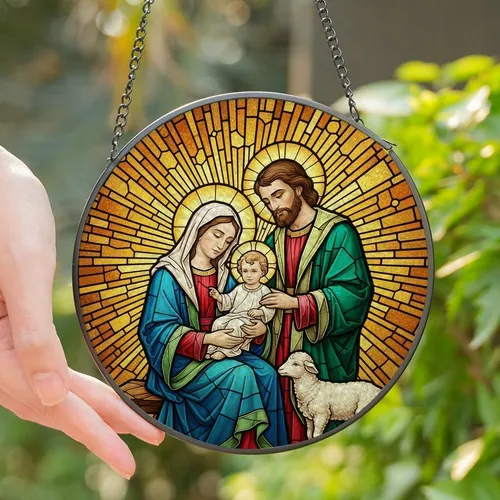 Christian Art Lover's Tiffany Stained Glass Nativity Holy Family Lamb Emerald Gold Royal Blue Mosaic Rays Stained Glass Suncatcher