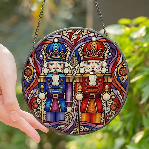 Holiday Enthusiasts' Intricate Stained Glass Nutcracker Soldiers Ruby Blue Gold Purple Mosaic Pattern Stained Glass Suncatcher