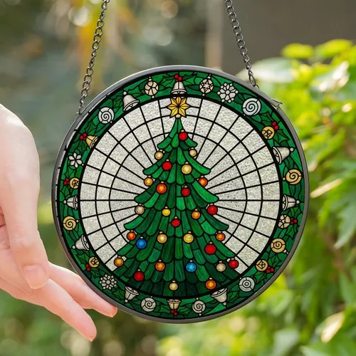 Christmas Celebration Fans' Edge-to-Edge Stained Glass Christmas Tree Design, Jewel-Toned Ornaments, Intricate Mosaic Grid Stained Glass Suncatcher