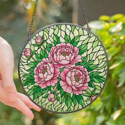Women's Elegant Tiffany Stained Glass Pink Peony Emerald Green White Botanical Mosaic Art Stained Glass Suncatcher