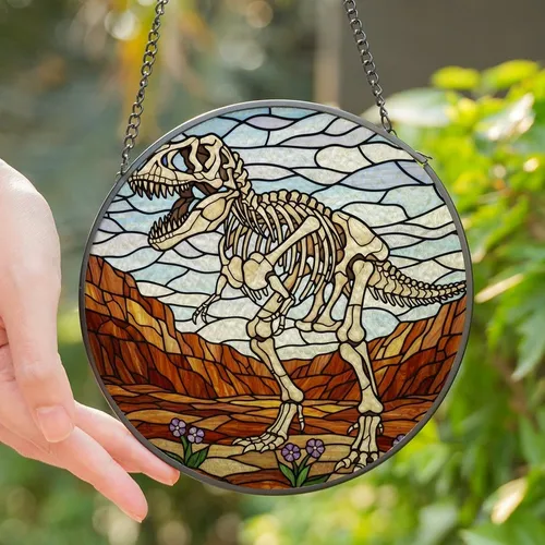 Dinosaur Enthusiasts' Tiffany-Style Stained Glass T-Rex Skeleton Prehistoric Landscape Jewel Tones Stained Glass Suncatcher