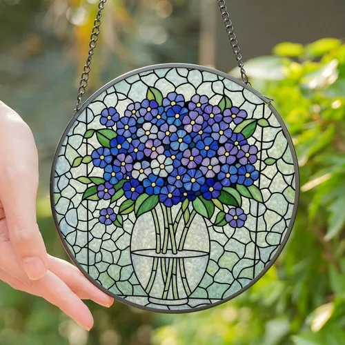 Art Lovers' Tiffany Stained Glass Jewel Tone Floral Bouquet Ethereal Blue Swirl Mosaic Pattern Stained Glass Suncatcher