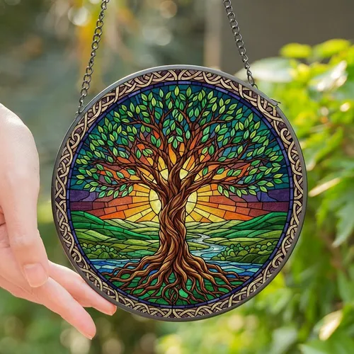 Art & Nature Lovers Vibrant Tiffany Stained Glass Tree of Life Celtic Knot Mosaic Stained Glass Suncatcher