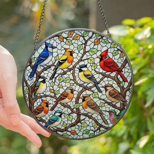 Nature Lovers' Vibrant Tiffany Style Songbirds Stained Glass Mosaic Jewel Tones Blues Oranges Teal Stained Glass Suncatcher