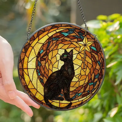 Celestial Cat Lovers' Intricate Tiffany Stained Glass Black Cat Crescent Moon Golden Star Orange Gold Teal Purple Stained Glass Suncatcher