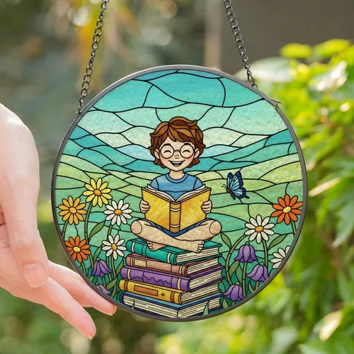 Readers' Stained Glass Child Reading Books Wildflowers Tiffany Jewel Tones Mosaic Stained Glass Suncatcher