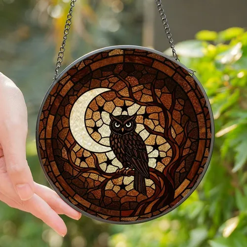 Mystic Nature Lovers' Black Owl Tiffany Style Stained Glass Mosaic Night Sky Amber Tones Stained Glass Suncatcher