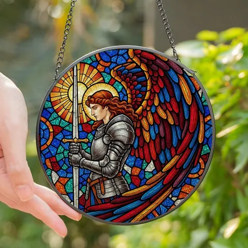 Spiritual Art Enthusiasts' Intricate Stained Glass Archangel Profile Broadsword Golden Halo Radiant Multicolored Wing Jewel Tones Mosaic Stained Glass Suncatcher