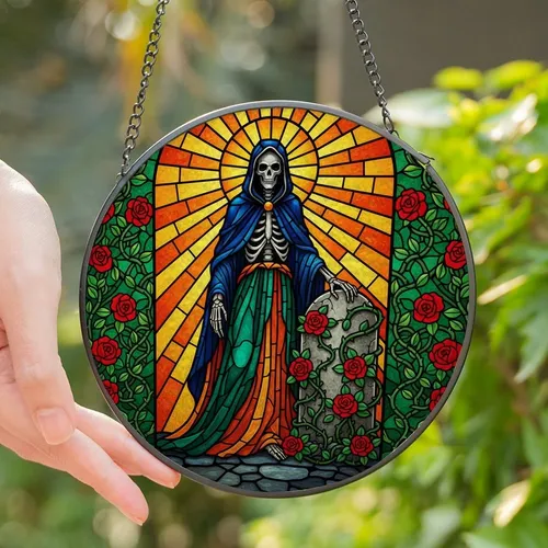 Mystical Aesthetic Lovers' Jewel Tone Stained Glass Skeletal Guardian Sunburst Pattern Stained Glass Suncatcher