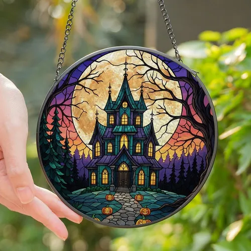 Halloween Enthusiasts' Stained Glass Gothic Haunted House Full Moon Jack-o'-Lanterns Tiffany Jewel Tones Stained Glass Suncatcher