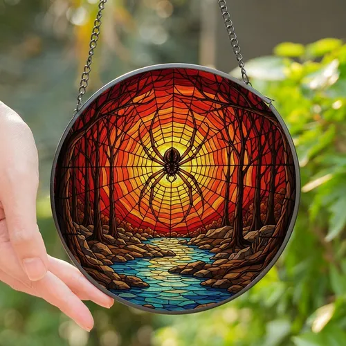Nature Art Enthusiasts' Tiffany Stained Glass Black Spider Web Sunset River Forest Stained Glass Suncatcher