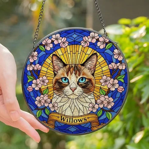 Cat Lovers' Vibrant Stained Glass Calico Cat Cherry Blossom Radiant Sun Swirl Mosaic Stained Glass Suncatcher