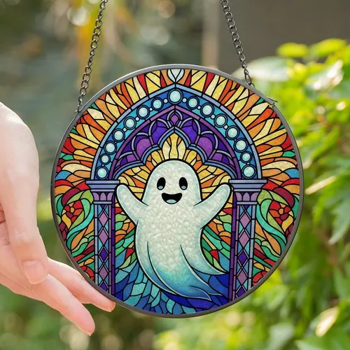 Whimsical Art Fans' Friendly Ghost Stained Glass Gothic Arch Jewel Tone Mosaic Stained Glass Suncatcher