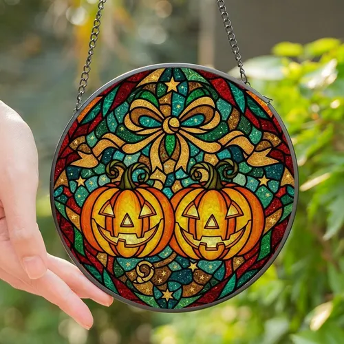 Halloween Enthusiasts' Cheerful Jack-o'-lantern Stained Glass Mosaic Fiery Orange Teal Jewel Tones Bold Lead Lines Stained Glass Suncatcher