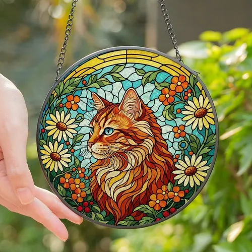 Cat Lovers' Tiffany Stained Glass Ginger Tabby Cat Blue Eyes Daisy Floral Orange Teal Yellow Stained Glass Suncatcher