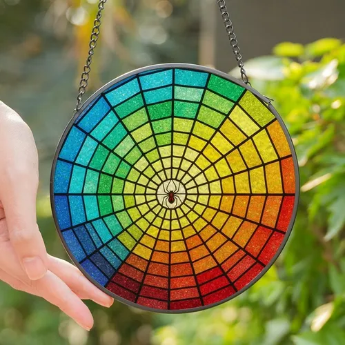 Artistic Souls' Jewel Tone Stained Glass Spiderweb Rainbow Gradient Design Stained Glass Suncatcher