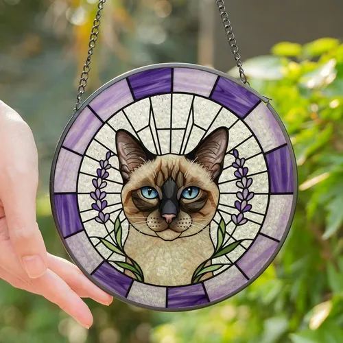 Cat Lovers' Tiffany Stained Glass Siamese Cat Blue Eyes Lavender Purple White Mosaic Stained Glass Suncatcher