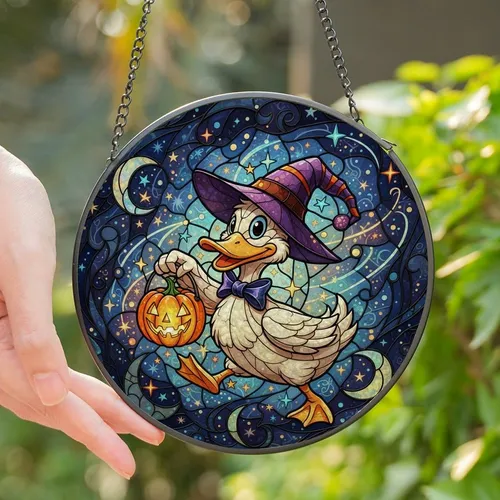 Whimsical Art Fans' High Contrast Tiffany Style Stained Glass Witch Duck Glowing Jack-o'-Lantern Purple Orange Blue Swirls Stained Glass Suncatcher