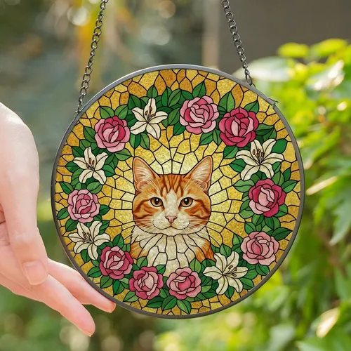 Cat Lovers' Jewel-Toned Stained Glass Ginger Tabby Cat, Pink Roses & Lilies Floral Mosaic Art Stained Glass Suncatcher