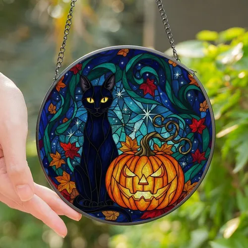 Halloween Enthusiasts' Intricate Tiffany Stained Glass Black Cat Jack-o'-Lantern Autumn Mosaic Jewel Tones Stained Glass Suncatcher