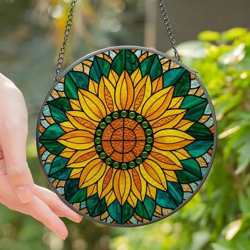 Nature Lovers' Vibrant Tiffany Stained Glass Sunflower Golden Yellow Orange Emerald Teal Mosaic Art Stained Glass Suncatcher