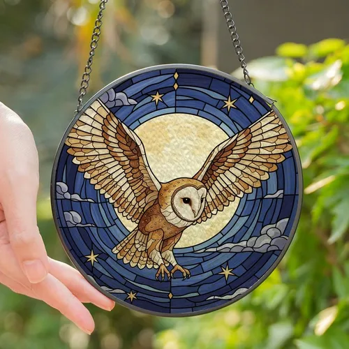 Nature Lovers' Majestic Tiffany Style Stained Glass Barn Owl Full Moon Amber Gold Blue Twilight Mosaic Stained Glass Suncatcher