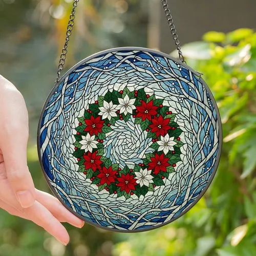 Holiday Art Lovers' Tiffany Stained Glass Christmas Wreath Poinsettia Winter Mosaic Stained Glass Suncatcher