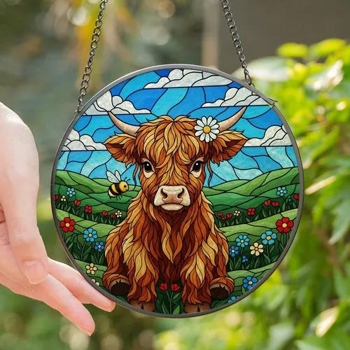 Cottagecore Art Lovers' Jewel-Toned Tiffany Stained Glass Baby Highland Cow & Wildflower Mosaic Stained Glass Suncatcher